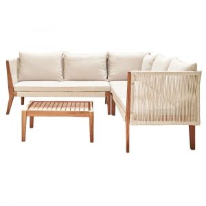 Papua - salon bas de jardin 5 places - bois, corde et coussins beiges - Bois / Beige