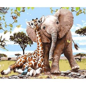 Figured'Art Peinture par Num&eacute;ro Adulte Amis El&eacute;phant & Girafe - Activit&eacute; Manuelle Kit de Loisir Cr&eacute;atif DIY Num&eacute;ro d'Art Complet - 40x50cm sans ch&acirc;ssis en bois