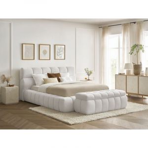 Bobochic Lit coffre mont-blanc + Bout de lit mont-blanc tissu bouclette 180x200 + bout de lit 140 Blanc