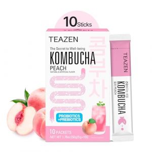 TEAZEN - Kombucha Pêche – Thé probiotique fermenté instantané – 10 sachets – Sans sucre, Végan, Faible en calories – Boisson fruitée Coréenne en poudre avec prébiotiques