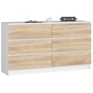 Akord - Commode K140 Blanche 138 cm 6 tiroirs fa&ccedil;ade Ch&ecirc;ne Sonoma 138x40x77 cm