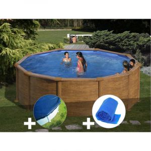 Image de Gre Kit piscine acier aspect bois Mauritius ronde 3,70 x 1,32 m + Bâche hiver + Bâche à bulles