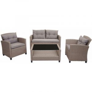 Salon de jardin en polyrotin terasse balcon canape fauteuils coussins et table basse gris-brun