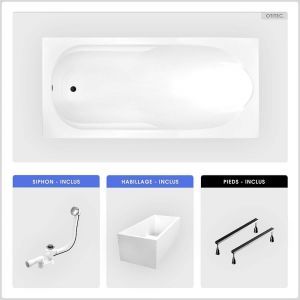 Baignoire rectangulaire - 170 x 70 cm - avec Habillage Polystyrène - Pieds - Vidage Chrome - BONA