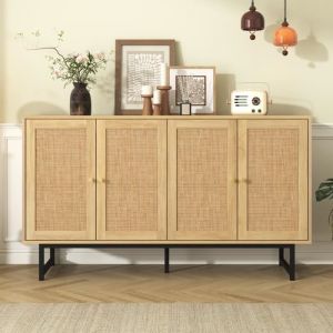 Fortuna Lai - Buffet 140x39.5x80cm - Armoire de rangement avec 4 portes avec tissage en rotin véritable - pour chambre et salle à manger - Bois