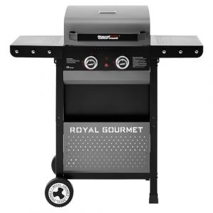 Royal Gourmet 2 Brûleurs Barbecue Gaz sur Chariot, Gril à Gaz de Puissance 5 KW avec Tables d’appoint Pliantes et Panier de Rangement, Adapté pour Jardin et Extérieur, Noir