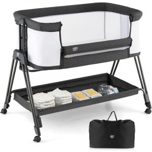 Lit Cododo Bébé 0-6 Mois-GOPLUS-7 Hauteurs Réglables-Berceau Inclinable & Mobile-Étagère et Sac de Transport Gris Foncé