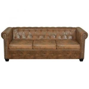 Canap&eacute; chesterfield 3 places cuir artificiel marron