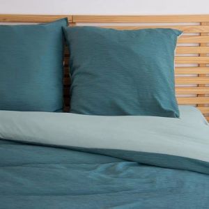 Coté Déco Parure de lit Effet Gaze de Coton 220x240 cm - Housse de Couette 220x240 cm + 2 Taies doreiller 63x63 cm bi-matière bleu