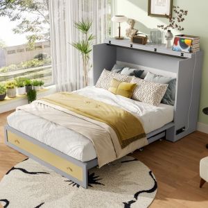 Lit Escamotable 140 x 200 cm - avec Bureau Modulable et 2 Tiroirs Lit Double avec Prise USB - MDF - Sans Matelas - Gris