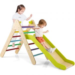COSTWAY 2 en 1 Triangle d'escalade Enfant avec Toboggan, Cadre d'escalade en Bois Moderne avec Inclinaison R&eacute;glable, Jouet d'escalade pour