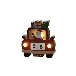Konstsmide 3272-550 Figurine LED en Bois &laquo; P&egrave;re No&euml;l dans la Voiture &raquo; avec d&eacute;s de Date, Rouge, minuterie 6H, 3 diodes Blanches Chaudes, aliment&eacute;es, int&eacute;rieures, 2 Piles AAA 1,5 V (Non Compris)