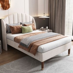 Lit 2 tiroirs 140x200cm, lin, sans matelas, lit double led, tête de lit avec rangement, beige