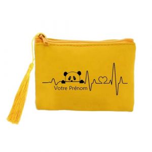 Porte monnaie et porte cles jaune Taperso avec motif panda et battement du coeur personnalisable