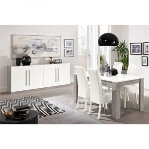 CLARK - Ensemble S&eacute;jour Blanc et Marbre Table 160cm + Buffet 4 Portes