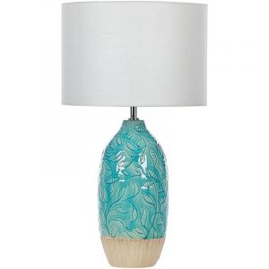 Beliani Lampe de table Base en Céramique Ornée Tissu Blanc Abat-jour Turquoise Ataba