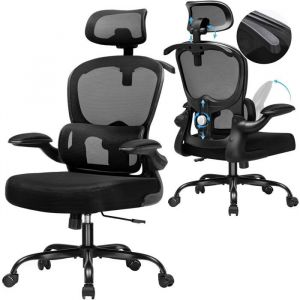 Chaise de Bureau Ergonomique, Fauteuil avec Appui-tête 3D et Support Lombaire, Design Intégré avec Porte-vêtements, Accoudoirs Rabattables, Siège