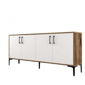 Menzzo Buffet bas 4 portes Vranus 180cm Bois Naturel et Blanc et M&eacute;tal Noir