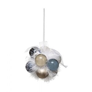 Grappe de 11 Boules de No&euml;l &agrave; suspendre d&eacute;co ruban organza et plumes blanches