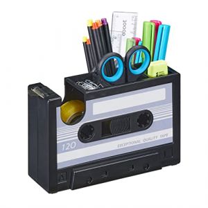 Relaxdays Porte-Crayons Cassette, Organiseur de Bureau, Ruban adhésif, 3 Compartiments, rétro, Pot à Crayons, Gris/Noir