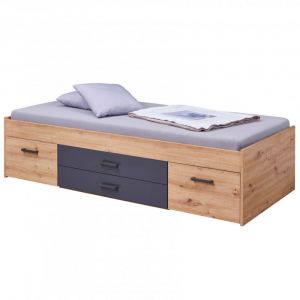 FIDAS - Lit 90x200cm Multi-Rangements Effet Chêne et Anthracite - Altobuy