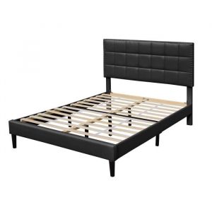 Lit riley pour matelas 140x190 - Sommier + Tête de Lit Capitonnee Couleur noir + Pieds en 16 cm pour matelas - 2 x 13 Lattes - revetement pvc Simili