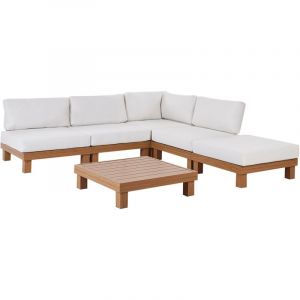 Beliani Ensemble de Jardin Modulable Aluminium Canapé d'Angle Table Basse Effet Bois Coussins Blanc Sanza