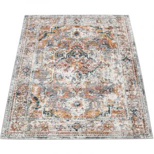 Paco Home - Tapis Salon Poils Ras Vintage Orient Ornements Bordure Blanc Cass&eacute; Gris Rouge 80x150 cm