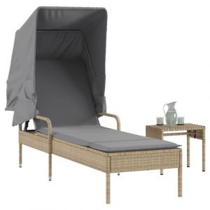 VidaXL Chaise longue avec auvent et table beige résine tressée, lit de bronzage, chaise longue inclinable, lit de jour d'extérieur