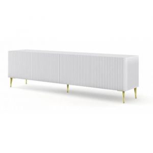 AC-Déco Meubles TV - Meuble TV Ravenna avec 4 portes en bois et pieds dorés - Blanc mat - L 200 x P 42 x H 56 cm Doré