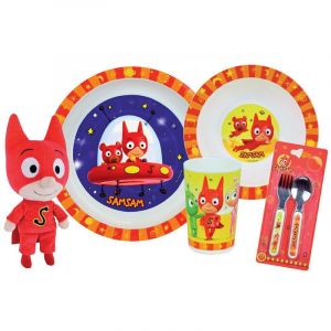 Jemini Set vaisselle verre, assiette creuse, assiette, 2 couverts et peluche fille Samsam