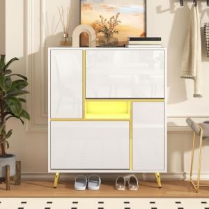 Fortuna Lai - Meuble à chaussures 80x24x96cm - Meuble avec façade brillante et lumière led - Panneaux de particules Blanc