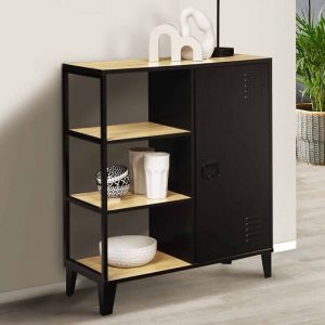 Idmarket Buffet d'appoint ESTER 3 étagères et placard métal noir plateau bois design industriel 70 cm