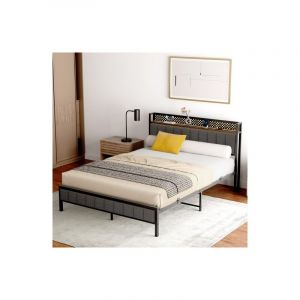 Okwish - Lit 140x200 cm en métal, cadre de lit en métal noir avec sommier à lattes, ports usb intégrés, sans matelas
