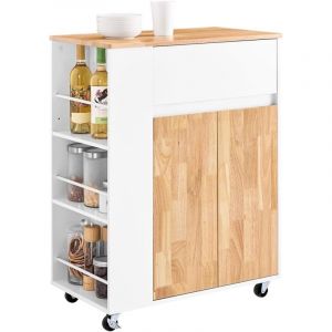 Sobuy Desserte de Cuisine sur Roues – Meuble Cuisine avec Plan de Travail en Bois de Caoutchouc, Unité de Cuisine Autonome pour Salle à Manger et
