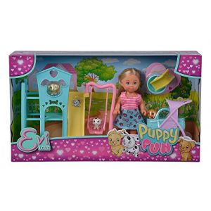 Simba Toys 105733477 Evi Love Puppy Fun - Poupée avec Trois Chiots Mignons et Un Superbe Espace pour Chien, balançoire, Toboggan et Poussette 2 en 1-12 cm - Convient aux Enfants à partir de 3 Ans