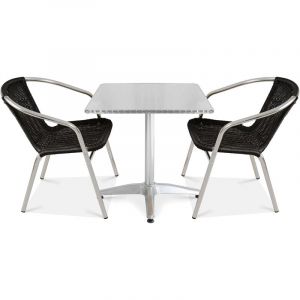 Table de jardin carrée et 2 fauteuils empilables en aluminium et résine tressée