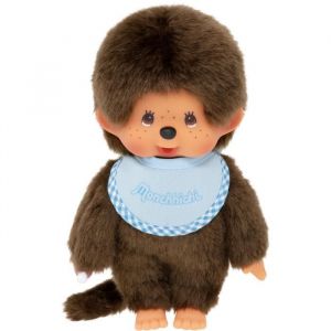 Bandai Monchhichi - Peluche Monchhichi Bavoir Bleu Ciel - Peluche Singe Iconique des années 80 - Monchhichi Peluche Toute Douce 20 cm pour Enfants et Adultes - Jouet Enfant 2 Ans et + - SE255092