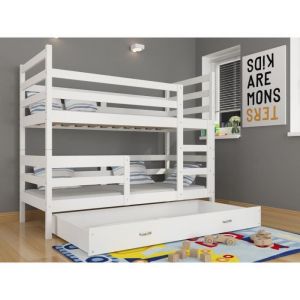 LIT SUPERPOSE MILO 90x190 BLANC Livré avec tiroir, 2 sommiers et 2 matelas en mousse de 7cm OFFERTS