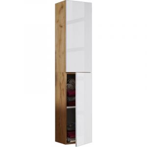 VCB11 Armoire de toilette haute avec 2 portes, imitation chêne miel, blanc.