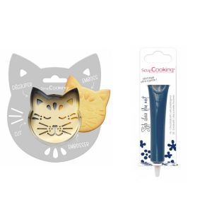 Kit pour biscuit en relief Chat + Stylo au chocolat bleu nuit