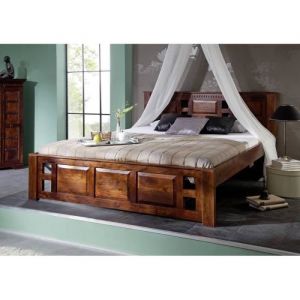 Stucture lit 160x200 - Bois massif d'acacia laqué (Nougat) - Style colonial - OXFORD #252