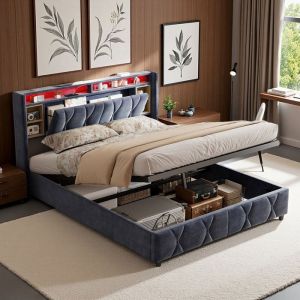 Lit double 160x200 - Sommier hydraulique - T&ecirc;te de lit avec rangement - &Eacute;clairage LED - Design moderne luxe