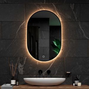 Mirlux Miroir de salle de bain avec éclairage LED et chauffage - Miroir mural ovale - Miroir de douche anti-condensation - Noir - 90x60CM