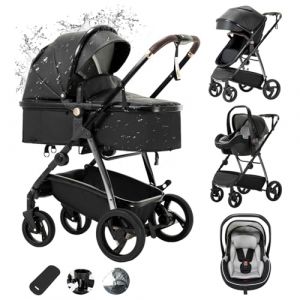 Zkiprm Cuir Poussette 3 En 1, Systeme De Voyage 3-En-1 Avec Siege Auto, Avec Habillage Pluie, Chassis Aluminium, Landau De Ville Pli