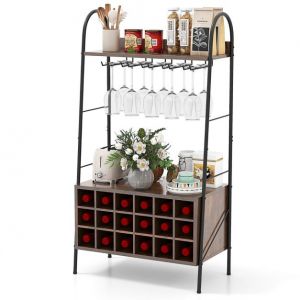 Porte-bouteilles rustique avec porte-verres - Pour 18 bouteilles et 15 verres - Avec étagères amovibles - 32 x 63 x 114,5 cm