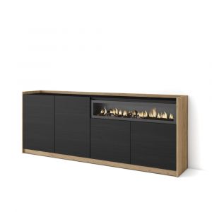 Buffet effet bois noir et ch&ecirc;ne 207x37x80cm chemin&eacute;e effet feu