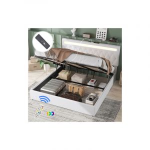 Wishdor - Lit coffre 180x200 cm Lit adulte avec t&eacute;l&eacute;commande Lumi&egrave;re led, prises usb et Type-C, sans fond, sans matelas, blanc