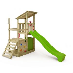 Fatmoose Tour de jeux Portique d'escalade FruityForest avec toboggan, tour d'escalade avec bac à sable, Échelle & accessoires de jeu – vert pomme