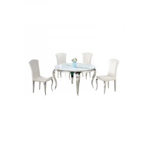 Table à manger ronde baroque chrome marbre blanc 130x75 cm